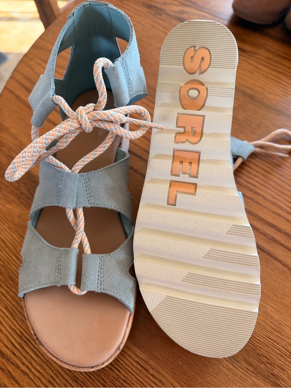 Sorel Light Blue Suede Lace-Up Sandals with Peach Accent Laces